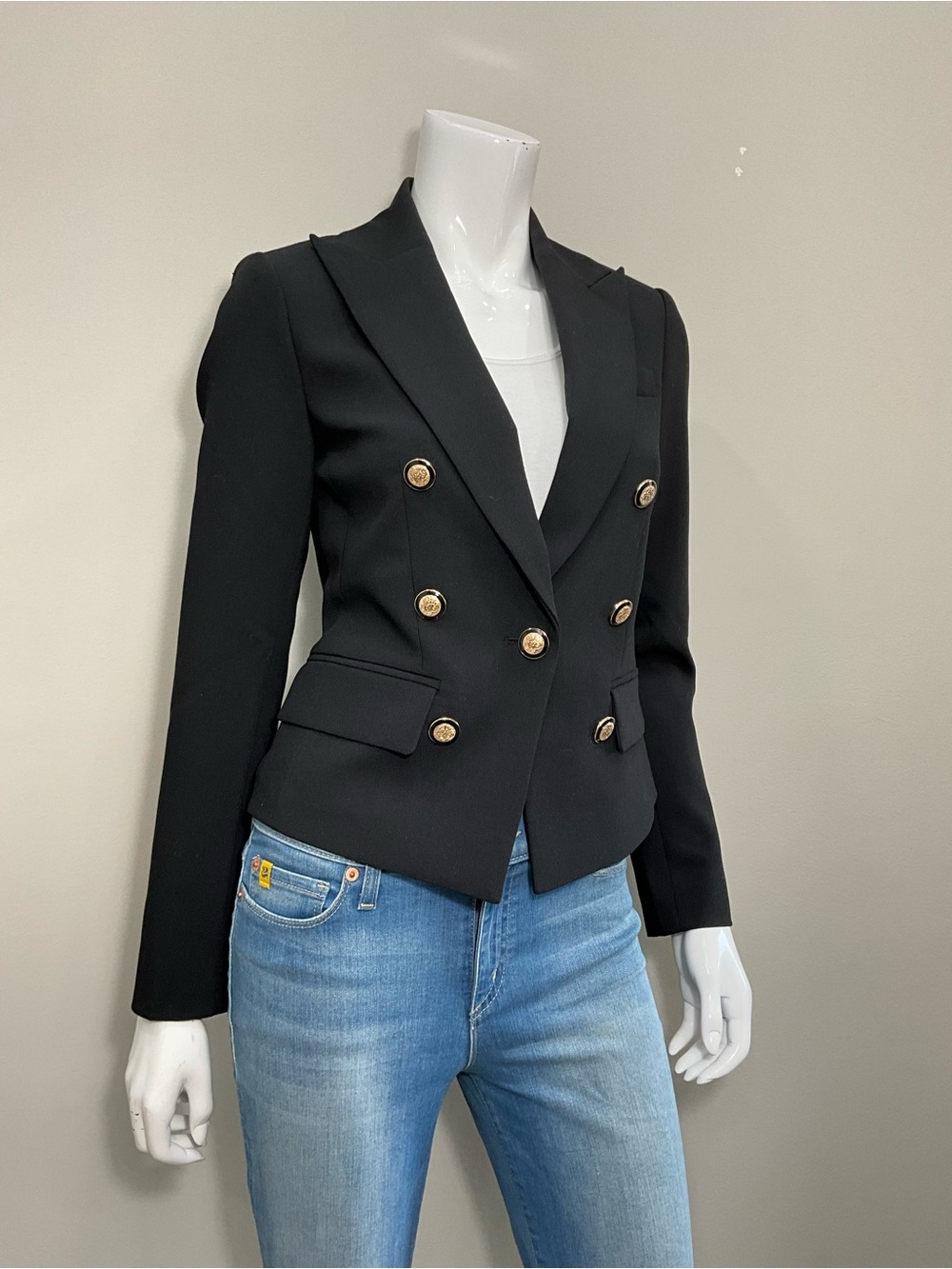 ANN TAYLOR Black Double Breasted Gold Crest Tailored Military Blazer Size 0
